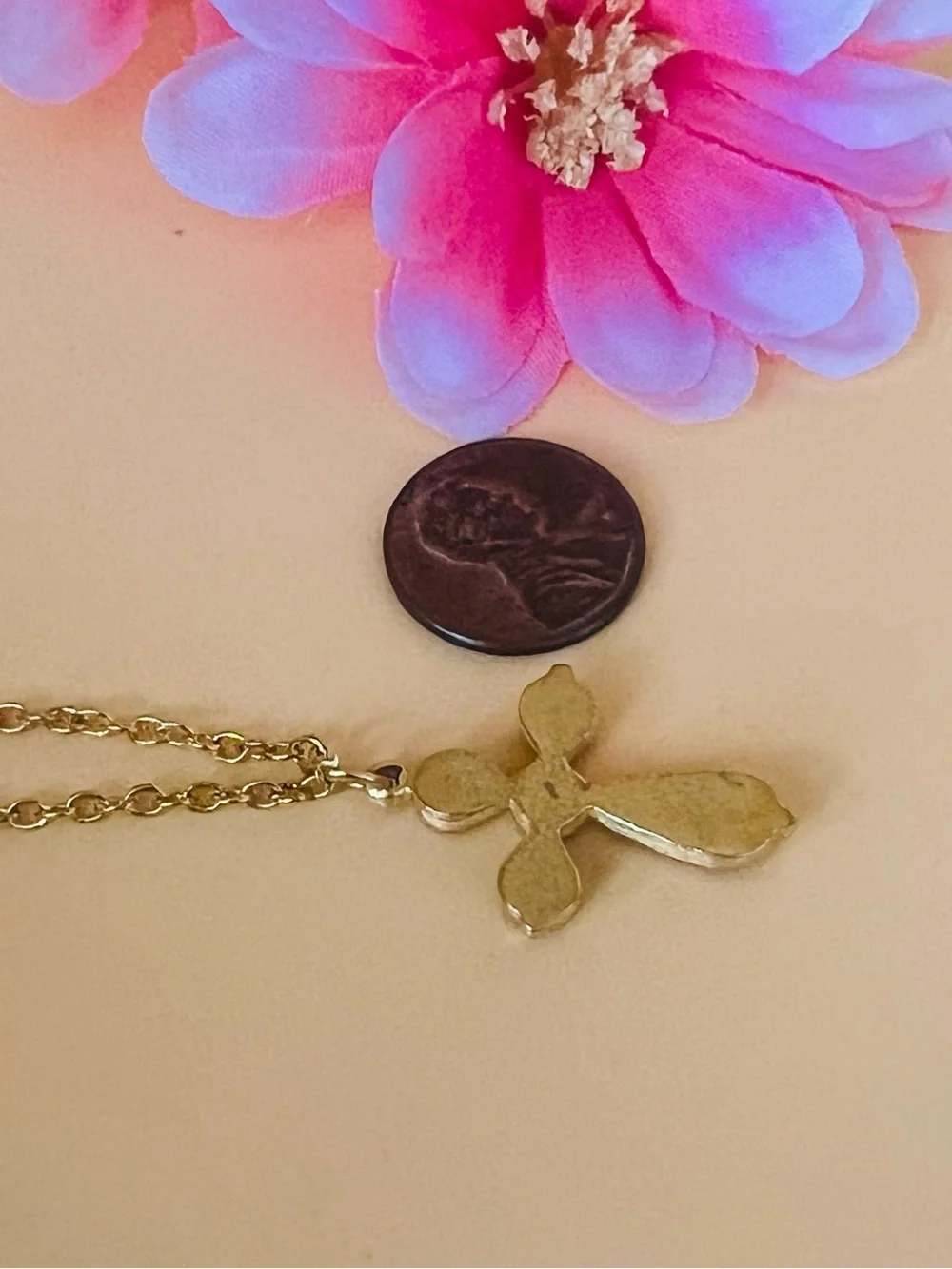 Gold Cross Pendant Necklace with Red Gemstones